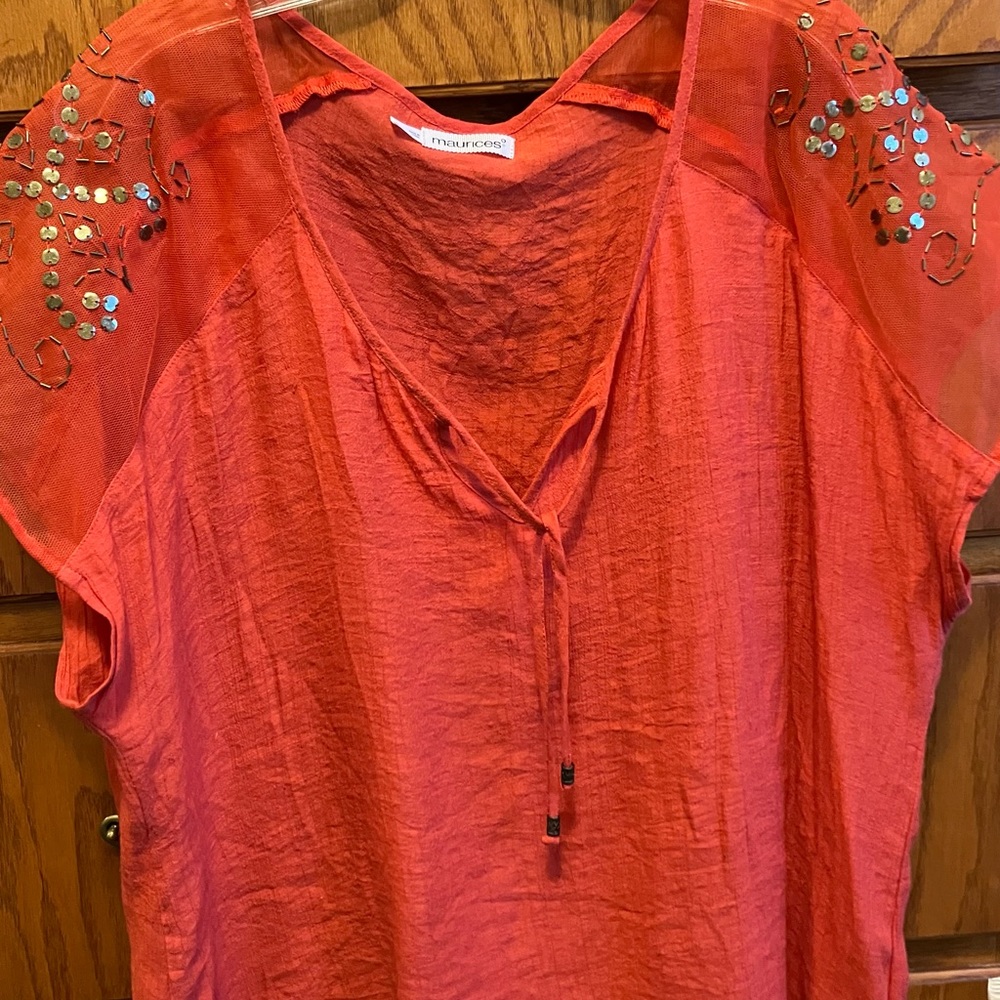Maurices Blouse Beading Lightweight Sheer Semi-sheer Plus 2 Bright Orange/Red